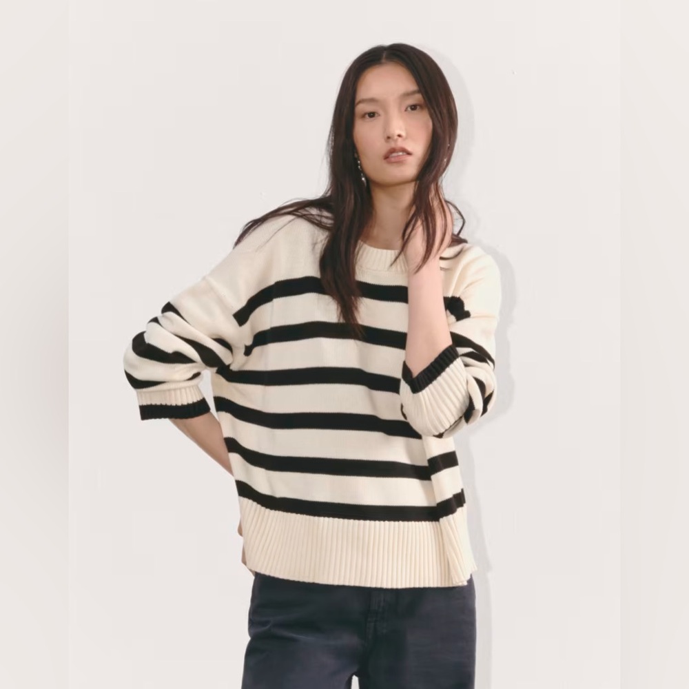 Everlane Cream and Black Striped Crewneck Sweater